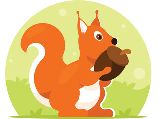 Red Fluffy Squirrel with Bushy Tail Holding Acorn. Vector Illustration