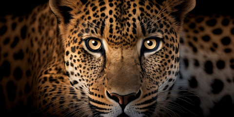 Fototapeta na wymiar tête de léopard avec regard perçant, vu de face et de près - illustration ia