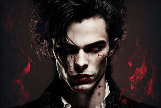 A portrait of an attractive vampire with red eyes who is covered in blood. Created with Generative AI, no one recognisable. Not a real person.