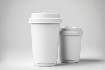  two white coffee cups sitting next to each other on a white surface with a gray back ground and a gray back ground with a gray back ground.  generative ai