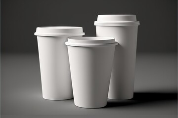  three white coffee cups sitting next to each other on a gray surface with a shadow on the ground behind them and a black background behind them.  generative ai