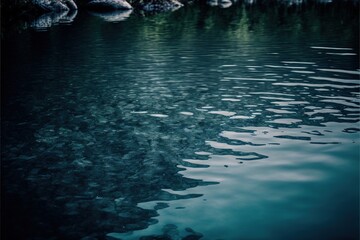  a body of water with rocks and trees in the background and a sky reflected in the water with clouds in the sky and a few clouds in the water.  generative ai