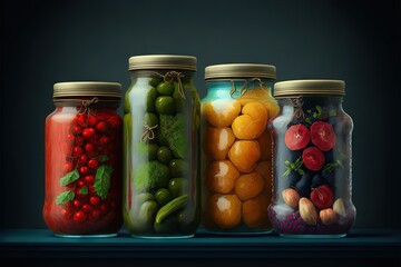 Fototapeta na wymiar a row of jars filled with different types of fruits and vegetables on a shelf next to each other on a blue surface with a black background. generative ai
