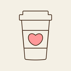 Delicious coffee paper cup icon with pink heart. Drink vector illustration design