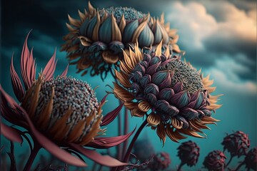  a painting of a sunflowers in a field with a cloudy sky in the background and clouds in the sky behind it, with a blue sky with clouds.  generative ai