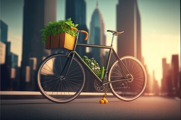 Fototapeta na wymiar a bicycle with a basket full of flowers on the back of it, in front of a cityscape with skyscrapers and buildings. generative ai