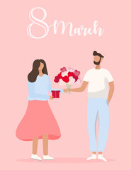 Men with bouquet of flowers and gift boxes for women. International woman's day. Cartoon characters isolated on white background. Colorful vector illustration.