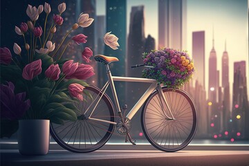  a painting of a bicycle with a basket of flowers on the back of it, in front of a window with a city skyline in the background.  generative ai