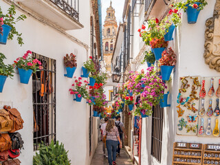 Calleja de las flores, a popular narrow street of Cordoba, Spain during the traditional flower festival of the Patios - obrazy, fototapety, plakaty