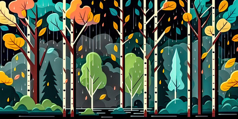 Abstrakter Wald im Regen im Frühling Digital Art Hintergrund Background Card Karte Illustration Muster 2D Generative AI Kunst