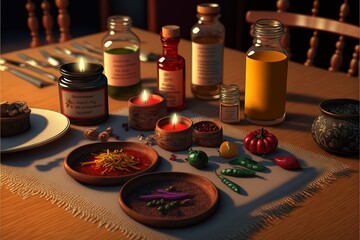  a wooden table topped with lots of bottles of liquid and food on top of a wooden dining room table covered in a tablecloth and chairs.  generative ai