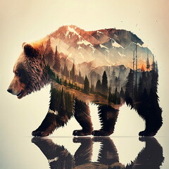 brown walking bear in the forest, mountains