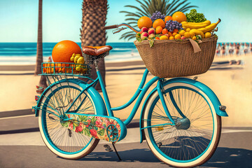 Fototapeta na wymiar a painting of a blue bicycle with a basket full of fruit on the front of the bike, with a palm tree in the background. generative ai