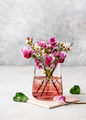 Beautiful bouquet of pink, white wax flower and purple cyclamen flowers in a glass vase. Spring floristic arrangement concept. Selective focus.