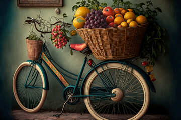 Fototapeta na wymiar a painting of a bicycle with a basket of fruit on the back of it's front wheel and a sign that says, i love you. generative ai
