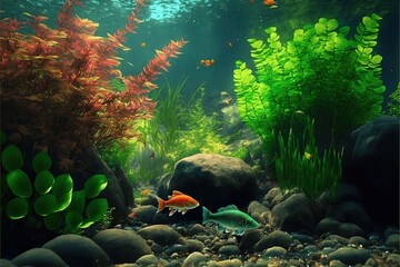  a fish in an aquarium with rocks and plants in the water and a few fish swimming in the water and some plants in the water.  generative ai