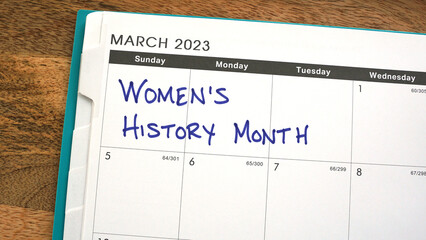 Women's History Month marked on a calendar in March 2023.        