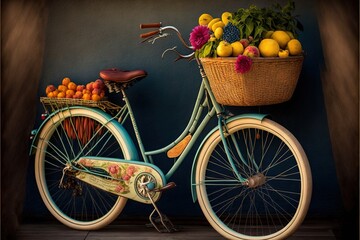 Fototapeta na wymiar a blue bicycle with a basket of fruit on the back of it's front wheel, against a blue wall with a wooden floor. generative ai