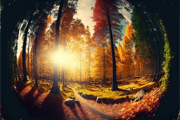  a picture of a forest in a fish eye lens with the sun shining through the trees and leaves on the ground and the ground,.  generative ai