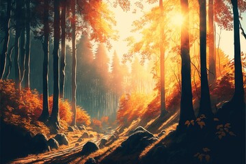  a painting of a sunlit forest with rocks and trees on either side of a path leading to a forest with lots of tall trees.  generative ai