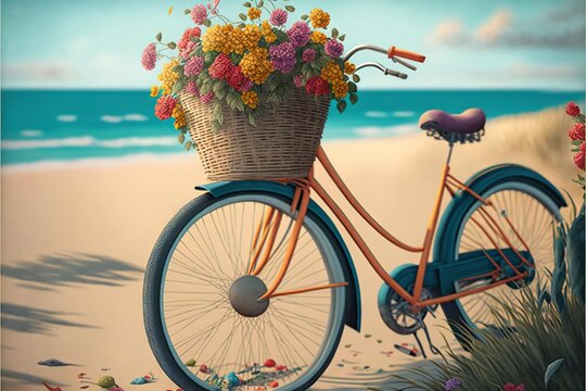  a painting of a bicycle with a basket of flowers on the front of it on a beach with a blue sky and ocean in the background.  generative ai