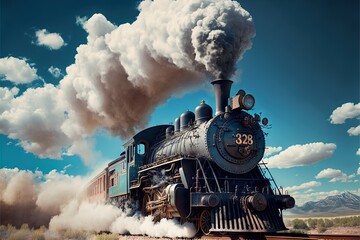  a steam engine train with smoke billowing out of it's stacks on a track with mountains in the background and clouds in the sky.  generative ai - obrazy, fototapety, plakaty