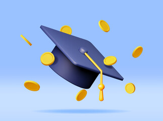 3D Graduation Cap with Gold Coins Banknotes Isolated. Render Cash Money for Education, Savings and Investment Concept. Academic and School Knowledge. Realistic Vector Illustration