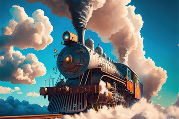  a painting of a steam engine train coming down the tracks with smoke billowing out of it's stacks and steam coming out of it's stacks.  generative ai