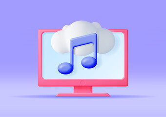 3D Music Cloud Note in Computer. Render Desktop PC Streaming Music Platform Icon. Modern Music Service Symbol. Note Realistic Design. Musical Note, Sound, Song or Noise Sign. Vector illustration