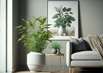  a living room with a couch, chair and a potted plant on a table in front of a picture of a plant on the wall.  generative ai