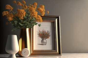  a picture frame with a vase of flowers next to a vase of flowers on a table next to a picture frame with a picture of flowers.  generative ai
