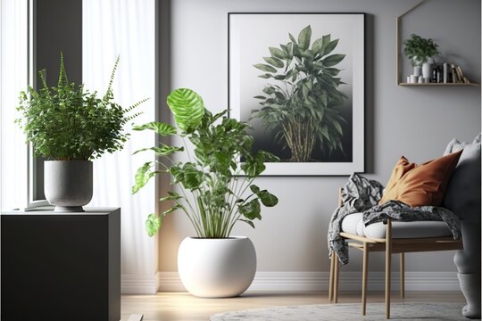  a living room with a couch, chair and a potted plant on the wall next to a window with a picture of a houseplant.  generative ai