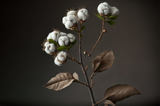  a branch with cotton flowers and leaves on a black background with a gray background behind it and a black background behind it with a white border.  generative ai