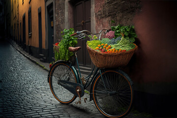 Fototapeta na wymiar a bicycle with a basket full of vegetables parked on a cobblestone street next to a brick building with a door on the side. generative ai