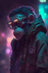 Humanoid chimpanzee in futuristic clothing on a blurred cyberpunk city street background with bright neon lights. Bokeh effect. Future concept. Generative AI illustration.