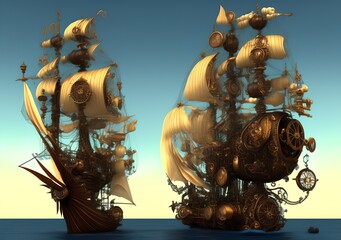Fantasy Ship in Steampunk Style, Generative AI Illustration