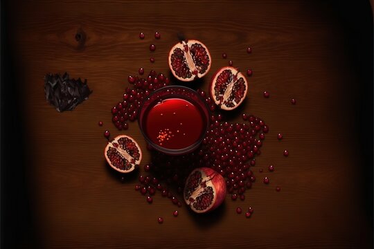  pomegranates and a glass of juice on a wooden table with a black object in the middle of the table and a black object in the middle of the picture.  generative ai