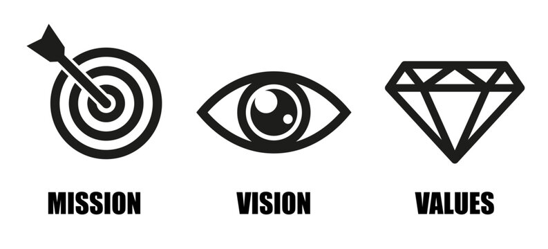 Mission, vision, values. Company philosophy icons. Vector symbols.