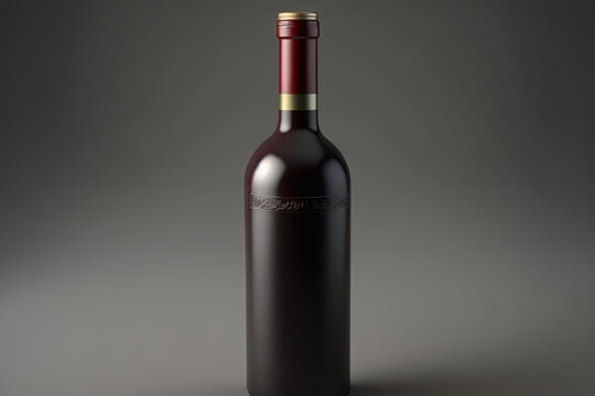  a bottle of red wine with a gold cap on a gray background with a shadow effect to the bottom of the bottle and bottom half of the bottle.  generative ai