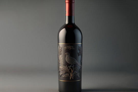  a bottle of red wine with a bird on the label on a gray background with a shadow of a bird on the bottle of red wine.  generative ai