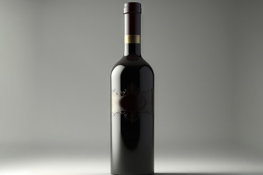  a bottle of red wine with a label on the top of it, on a gray background, with a shadow from the bottom of the bottle.  generative ai