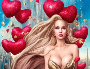 Obraz na płótnie Canvas A high society girl with long blonde hair is dressed to impress on Valentine's Day