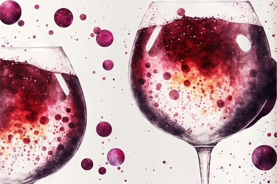  two wine glasses with red and purple liquid in them on a white background with red and purple bubbles in the bottom half of the glasses.  generative ai