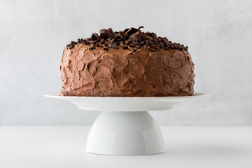 Front facing view of a large chocolate cake decorated with chocolate curls.