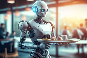 A robot as a waiter in a restaurant serving an order. A futuristic concept of the near future when more and more activities will be performed by robots instead of people, AI generated