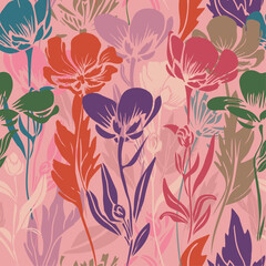 Seamless floral vector background. Hand drawn botanic pattern for textile, fabric, wallpaper, wrapping. Bright floral backdrop.