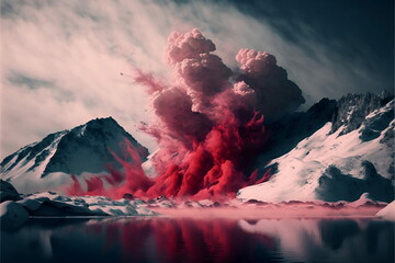 Paisaje natural con humo color rojo, montañas, árboles y cielo creado con IA generativa