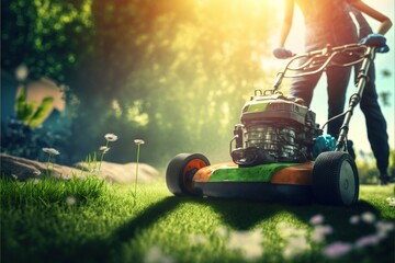  a man mowing the grass with a lawnmower in the foreground of the picture, with the sun shining on the grass behind him.  generative ai