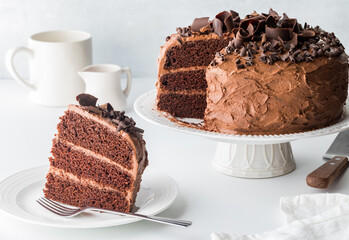 A piece of homemade chocolate cake with the rest of the cake in behind.