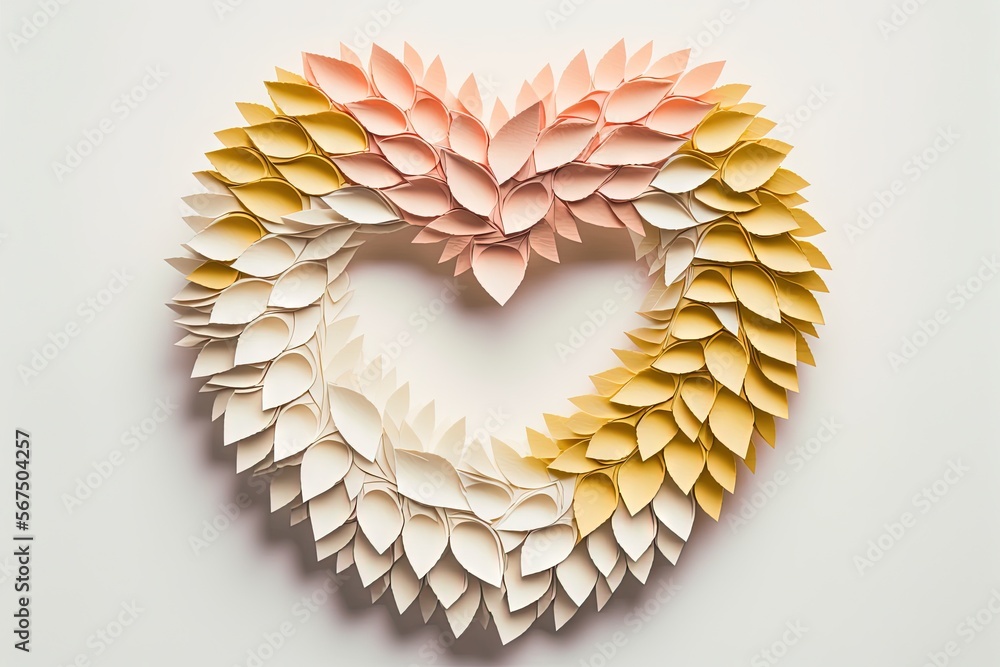 Poster a heart made out of folded paper on a white surface with a shadow of a heart on the bottom of the pa